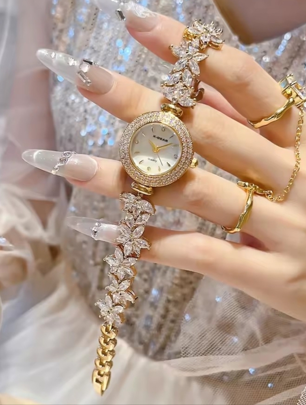 Women’s Gold Crystal Bracelet Watch with White Dial